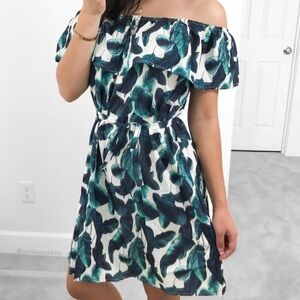 GREEN & white tropical off shoulder ruffle strapless summer sun dress